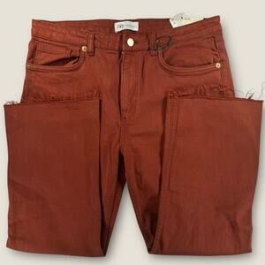 NWT Zara Womens 12 Crop Flare Jeans High Rise Raw Hem Rust Brown